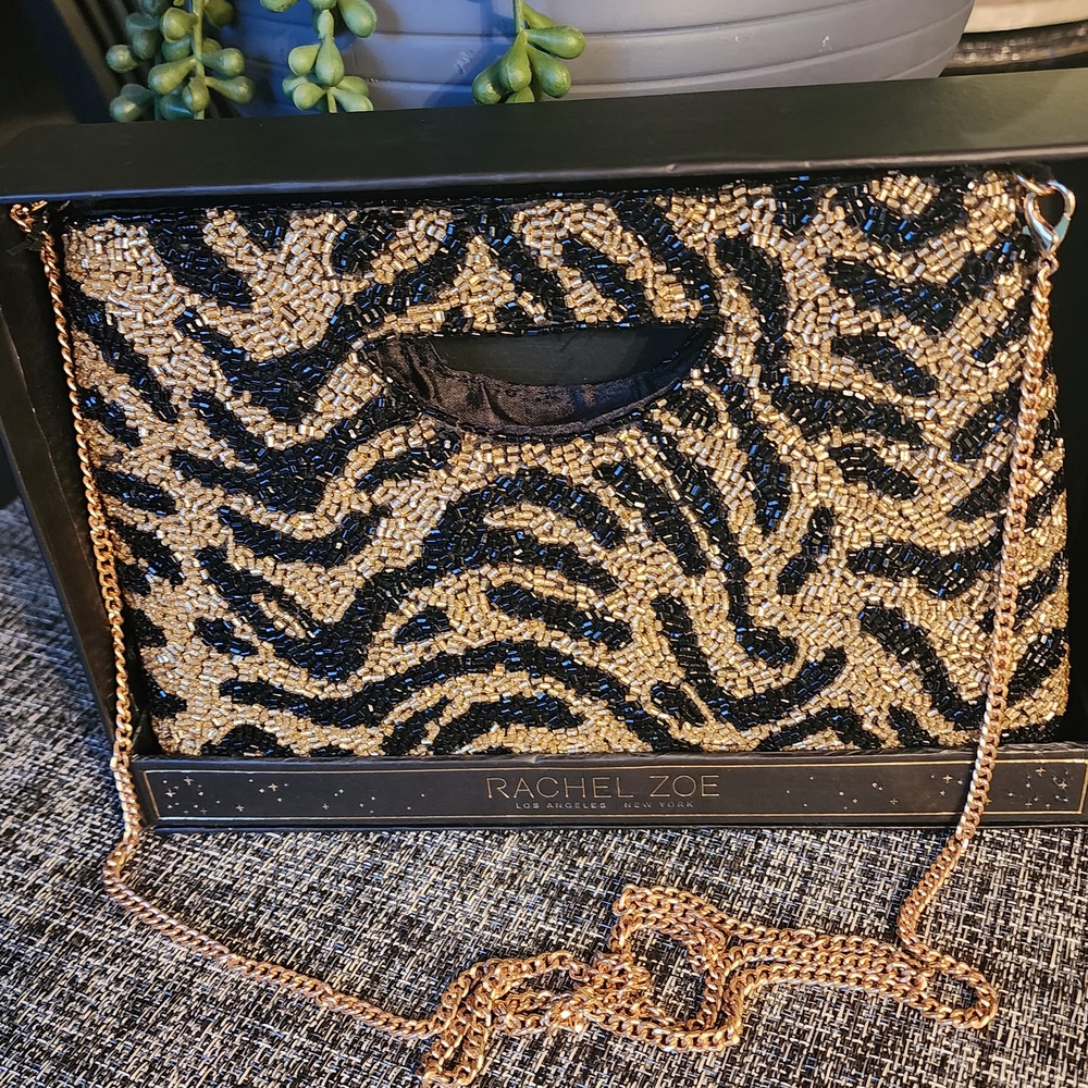 Rachel Zoe Gold and Black Zebra Pattern Clutch or Crossbody